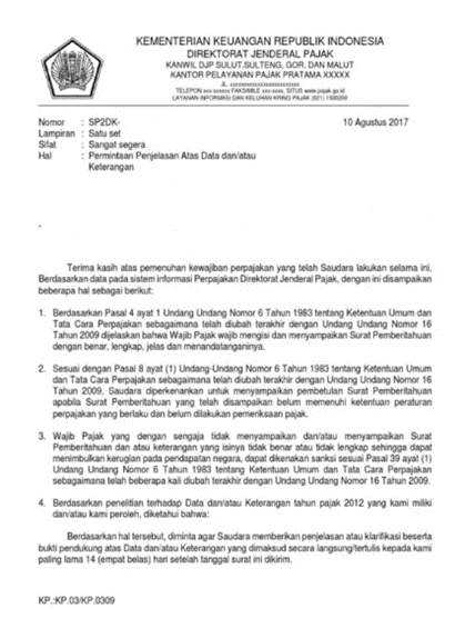 Contoh Surat Permintaan Penjelasan atas Data dan/atau Keterangan (SP2DK)